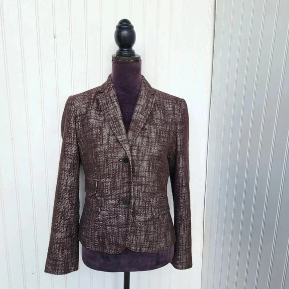 Talbots Tweed Linen Chunky Jacket Blazer Tan Neutral Brown 2 Button Petite 6P - Picture 1 of 16